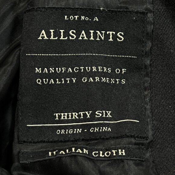 All Saints Italian Cloth Keene Blazer Mens 36 Black Leather Trim Wool Blend - Picture 4 of 9